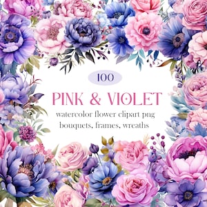 Rosa violette Blume PNG, Aquarell Blumen Clipart Bundle, Hochzeitsstrauß, Frühlingsblume Clipart, rosa Blumen PNG, digitaler Download