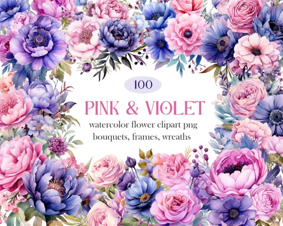 Pink Violet Flower PNG, Watercolor Floral Clipart Bundle, Wedding Bouquet, Spring Flower Clipart, Pink Floral PNG, Digital Download