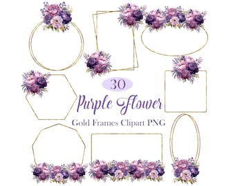 Purple Flower Frame PNG, Watercolor Purple Floral Gold Frame Clipart, Digital Download