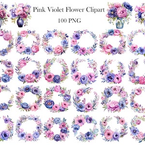 May include: A set of 36 watercolor floral wreaths in shades of pink, purple, and blue. The wreaths are made of various flowers, including roses, anemones, and leaves. The wreaths are perfect for adding a touch of elegance to any project.