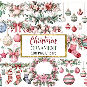 Kerstornament clipart, aquarel kerst rand clipart, kerstbal, kerstster, kerstdecor, sublimatie, digitale download
