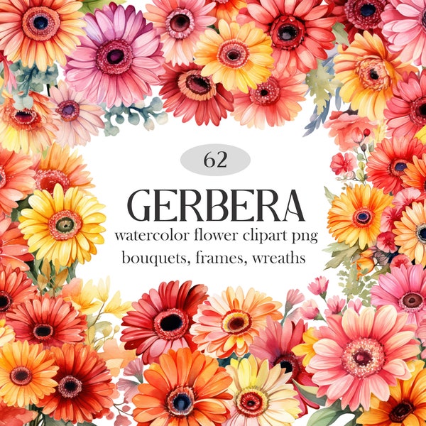 Gerbera Flower PNG, Watercolor Gerbera Daisy Clipart Bundle, Flower Bouquet PNG, Spring Floral