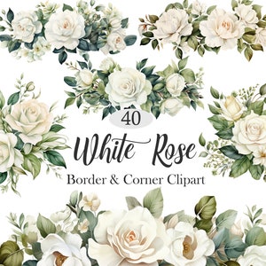 May include: A set of 40 white rose floral borders and corner clipart images. The images feature white roses with green leaves and stems. The images are perfect for adding a touch of elegance to your designs.