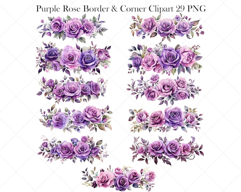 May include: A set of 29 purple rose borders and corner clipart images in PNG format. The images feature watercolor-style purple roses with green leaves and stems.