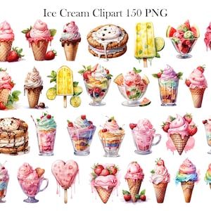 May include: A collection of 30 watercolor illustrations of ice cream cones, sundaes, popsicles, and other ice cream treats. The illustrations are in a variety of colors, including pink, blue, green, yellow, and brown.