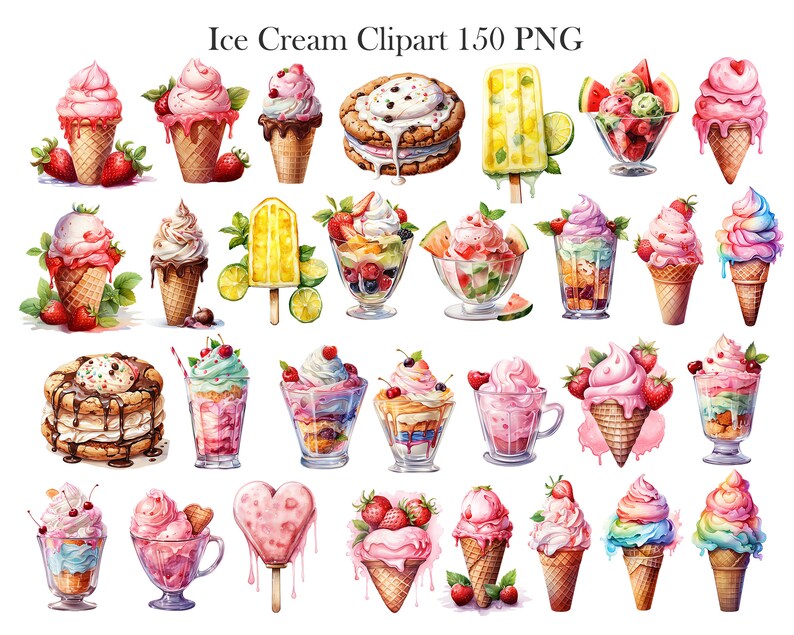May include: A collection of 30 watercolor illustrations of ice cream cones, sundaes, popsicles, and other ice cream treats. The illustrations are in a variety of colors, including pink, blue, green, yellow, and brown.