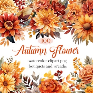 Herbst Blume PNG, Aquarell Herbst Blume Clipart Bundle, Kranz, Blumenstrauß, Blume Sublimation, digitaler Download