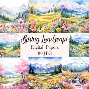 Carta digitale con paesaggio primaverile, sfondo con scena primaverile ad acquerello, album di ritagli primaverile, montagna, natura, diario di scarto, download digitale