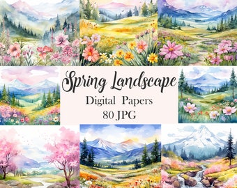 Spring Landscape Digital Paper, Watercolor Spring Scene Background Bundle, Spring Scrapbook, Mountain, Nature, Junk Journal,Digital Download