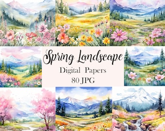 Papel digital de paisaje primaveral, paquete de fondos con escenas primaverales en acuarela, álbum de recortes de primavera, montaña, naturaleza, diario basura, descarga digital