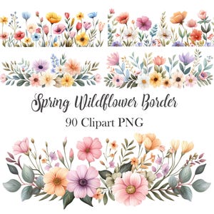 Spring Wildflower Border PNG, Watercolor Floral Borders Clipart, Digital Download