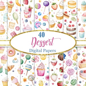 Dessert Digital Paper, Dessert Background Bundle, Papier do scrapbookingu, Cukierki, Pobieranie cyfrowe