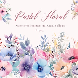 Pastel Floral PNG, Wildflower Clipart, Watercolor Floral Clipart Bouquet, Flower Border PNG, Digital Download