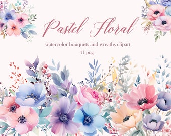 May include: A collection of 41 watercolor floral bouquets and wreaths in pastel colors, including pink, blue, purple, and yellow. The flowers are arranged in a variety of styles, including bouquets, wreaths, and individual flowers. The images are perfect for adding a touch of elegance and beauty to any project.