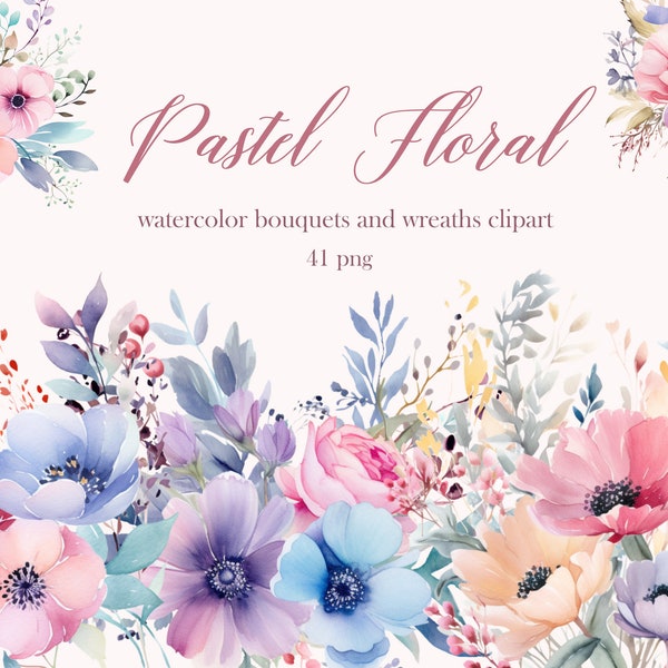 Pastel Floral PNG, Wildflower Clipart, Watercolor Floral Clipart Bouquet, Flower Border PNG, Digital Download