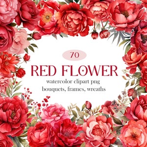 Rote Blume PNG, Aquarell rote Blumen Clipart Bundle, Hochzeit Bouquet Kranz, Blumen Sublimation, digitaler Download