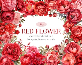 Flor roja PNG, paquete de imágenes prediseñadas de flores rojas en acuarela, corona de ramo de boda, sublimación de flores, descarga digital