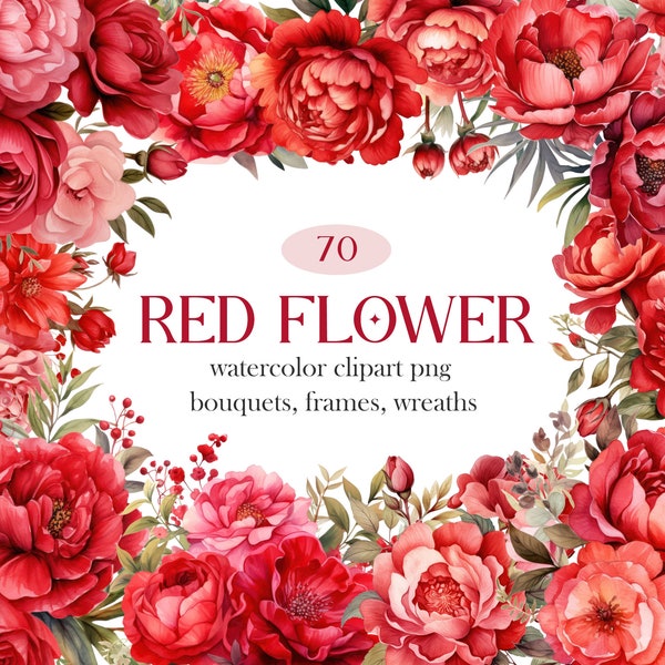 Red Flower PNG, Watercolor Red Floral Clipart Bundle, Wedding Bouquet Wreath, Flower Sublimation, Digital Download