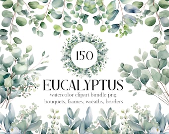 Eucalyptus PNG, Watercolor Eucalyptus Clipart Bundle, Greenery Clipart, Green Leaves, Eucalyptus Border Wreath, Wedding Clipart, Foliage