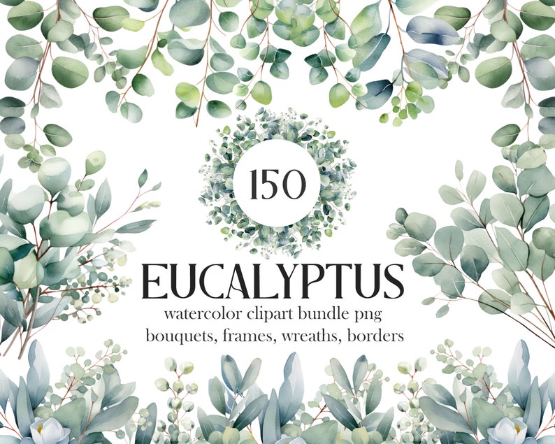 Eucalyptus PNG, Watercolor Eucalyptus Clipart Bundle, Greenery Clipart, Green Leaves, Eucalyptus Border Wreath, Wedding Clipart, Foliage zdjęcie 1