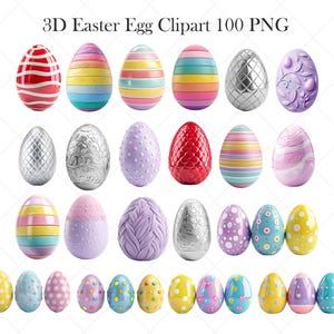 May include: A collection of 3D Easter egg clip art in various designs. The eggs feature diverse patterns, including stripes, dots, and textured surfaces, in a range of colors such as red, silver, purple, and yellow. The text "3D Easter Egg Clipart 100 PNG" is at the top.