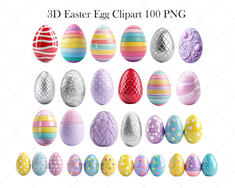 May include: A collection of 3D Easter egg clip art in various designs. The eggs feature diverse patterns, including stripes, dots, and textured surfaces, in a range of colors such as red, silver, purple, and yellow. The text "3D Easter Egg Clipart 100 PNG" is at the top.