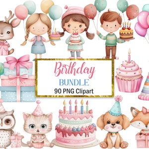 Geburtstag Clipart, Aquarell Geburtstag PNG Bundle, Geburtstag Party Dekor, Ballon, Sublimation, Kuchen Clipart, digitaler Download