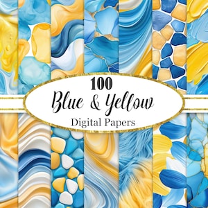 Blue Yellow Digital Paper, Blue Background Bundle, Yellow Texture, Scrapbook Paper, Digital Download