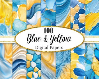 Blue Yellow Digital Paper, Blue Background Bundle, Yellow Texture, Scrapbook Paper, Digital Download