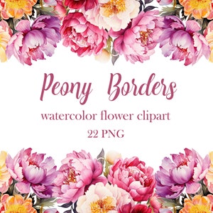 Imágenes prediseñadas de borde de peonía, marco de flor de peonía de acuarela PNG, imágenes prediseñadas de flores de primavera, peonía PNG, descarga digital