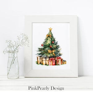May include: A watercolor painting of a Christmas tree decorated with gold bows and red ornaments. The tree is surrounded by wrapped presents with red and gold ribbons.