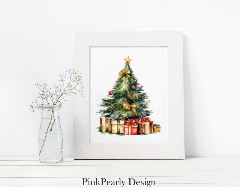 May include: A watercolor painting of a Christmas tree decorated with gold bows and red ornaments. The tree is surrounded by wrapped presents with red and gold ribbons.