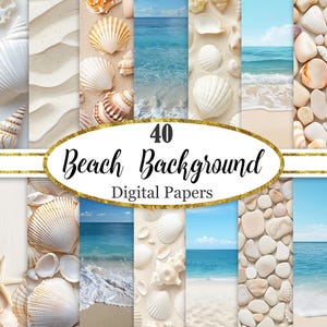 Op de afbeelding: Een collage van digitale papieren met strandthema. De afbeelding toont verschillende achtergronden, waaronder schelpen, zand, oceaangolven en kiezels. De tekst "40 Beach Background Digital Papers" wordt weergegeven in een gouden ovaal.