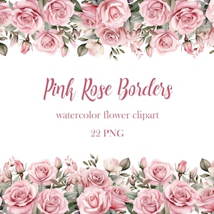 Rosa Rose Border Clipart, Aquarell Rose Clipart-Bundle, rosa Rose PNG, Hochzeitsblume, Blumenrahmen, Valentine Flower Border
