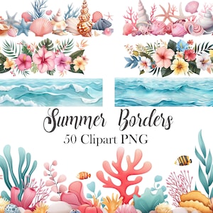 Summer Border Clipart, Watercolor Summer PNG, Waves Sublimation, Coral Reef, Seashell, Tropical Flower, Fish, Scrapbook, Digital Download