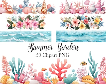 Summer Border Clipart, Watercolor Summer PNG, Waves Sublimation, Coral Reef, Seashell, Tropical Flower, Fish, Scrapbook, Digital Download