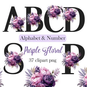 Clipart alphabet floral violet, fleur de l'alphabet PNG, clipart lettres, nombre, sublimation, téléchargement numérique