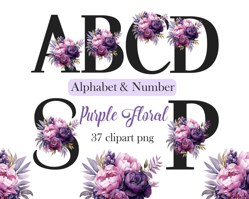 Purple Floral Alphabet Clipart, Flower Alphabet PNG, Letters Clipart ...