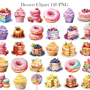 May include: A collection of 30 watercolour illustrations of various desserts, including cupcakes, doughnuts, cakes, pastries, and macarons. The illustrations are in a variety of colours and feature realistic details.