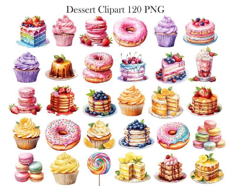 May include: A collection of 30 watercolour illustrations of various desserts, including cupcakes, doughnuts, cakes, pastries, and macarons. The illustrations are in a variety of colours and feature realistic details.