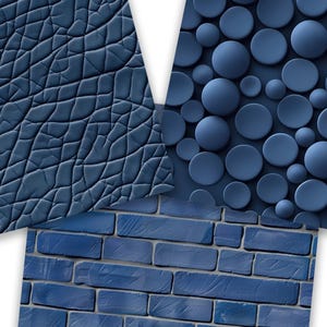 May include: Three different blue textured surfaces. The first surface is a close-up of a cracked leather texture. The second surface is a pattern of overlapping circles. The third surface is a brick wall.