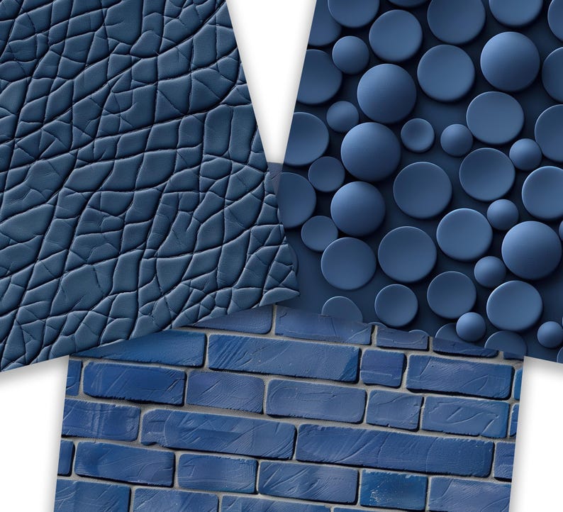 May include: Three different blue textured surfaces. The first surface is a close-up of a cracked leather texture. The second surface is a pattern of overlapping circles. The third surface is a brick wall.