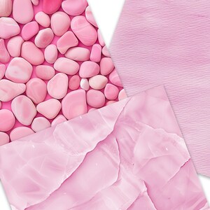 May include: Three pink textured backgrounds. The first is a close-up of pink stones, the second is a pink marble-like texture, and the third is a smooth pink surface.