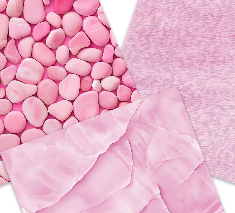 May include: Three pink textured backgrounds. The first is a close-up of pink stones, the second is a pink marble-like texture, and the third is a smooth pink surface.