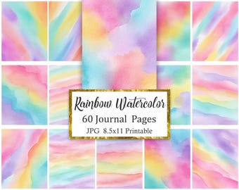 Rainbow Watercolor Journal Pages, Colorful Digital Paper Background