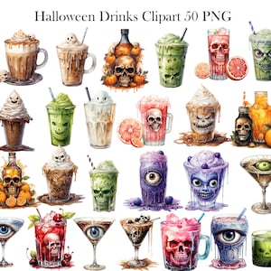 May include: A set of 50 Halloween-themed drink clipart images. The images feature various drinks with spooky and whimsical designs, including skulls, eyeballs, ghosts, and other Halloween motifs. The drinks are depicted in a watercolour style, with vibrant colours and intricate details.
