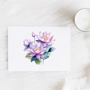May include: A watercolor painting of pink and purple lotus flowers with green leaves on a white background.