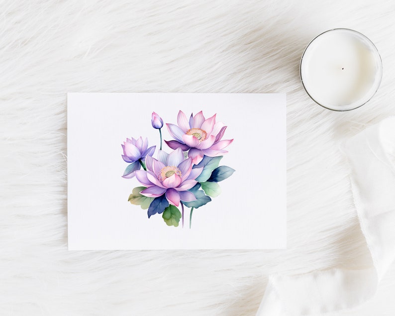 May include: A watercolor painting of pink and purple lotus flowers with green leaves on a white background.