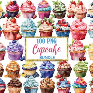 Cupcake clipartbundel, aquarel cupcake png, snoepjes clipart, dessert, digitale download