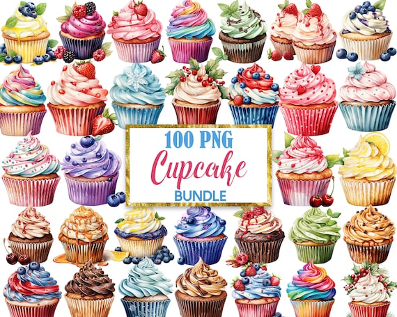 Cupcake Clipart Bundle, Watercolor Cupcake PNG, Sweet Treats Clipart, Dessert, Digital Download